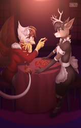 Size: 3500x5500 | Tagged: safe, artist:sparklyon3, derpibooru import, oc, anthro, deer, griffon, clothes, maid, suit