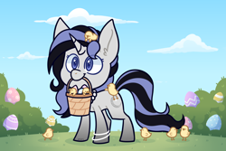 Size: 3000x2000 | Tagged: safe, artist:jetjetj, derpibooru import, oc, oc:silver moon, pony, unicorn, basket, chibi, chick, easter egg, female, mare, mouth hold, solo