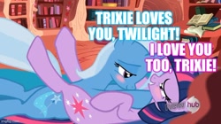 Size: 726x407 | Tagged: safe, derpibooru import, trixie, twilight sparkle, blushing, caption, female, golden oaks library, hub logo, hubble, image macro, imgflip, lesbian, shipping, text, the hub, twixie