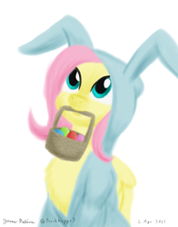 Size: 1100x1400 | Tagged: safe, artist:rockhoppr3, derpibooru import, fluttershy, pegasus, pony, animal costume, basket, bunny costume, bunnyshy, chest fluff, clothes, costume, cute, easter basket, easter egg, female, mare, mouth hold, shyabetes, solo