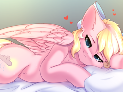 Size: 2732x2048 | Tagged: safe, artist:alphadesu, derpibooru import, oc, oc only, oc:bay breeze, pegasus, pony, bed, bedroom eyes, bow, commission, cute, female, hair bow, heart, looking at you, lying down, lying on bed, mare, ocbetes, on bed, on side, pillow, smiling, smiling at you, solo, ych result