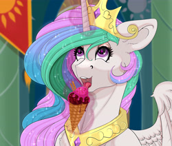 Size: 6432x5456 | Tagged: safe, artist:creed larsen, derpibooru import, princess celestia, alicorn, pony, castle, crown, cute, ethereal mane, female, food, horn, ice cream cone, indoors, jewelry, licking, looking up, magic, mare, open mouth, peytral, regalia, shiny mane, starry eyes, starry mane, tiara, tongue, tongue out, wingding eyes, wings