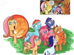 Size: 4688x3514 | Tagged: safe, artist:ivanvodkin2012, derpibooru import, idw, applejack, fluttershy, pinkie pie, rainbow dash, rarity, twilight sparkle, earth pony, pegasus, pony, unicorn, cowboy hat, hat, mane six, marker drawing, nature is so fascinating, scene interpretation, screencap reference, traditional art