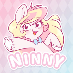 Size: 1917x1918 | Tagged: safe, artist:ninnydraws, derpibooru import, oc, oc only, oc:ninny, badge, blushing, bowtie, bust, looking at you, simple background