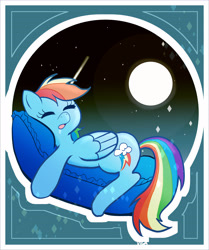 Size: 3808x4550 | Tagged: safe, artist:vigasartroom, derpibooru import, part of a set, rainbow dash, pegasus, pony, cute, dashabetes, drool, eyes closed, female, full moon, high res, lying down, mare, moon, night, open mouth, pillow, prone, sleeping, solo