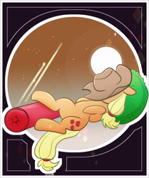 Size: 3808x4550 | Tagged: safe, artist:vigasartroom, derpibooru import, part of a set, applejack, covering face, cushion, cute, ears, floppy ears, full moon, high res, jackabetes, lying down, moon, night, on back, pillow, sleeping, solo