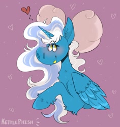 Size: 1979x2099 | Tagged: safe, artist:kettlephish, derpibooru import, oc, oc:fleurbelle, alicorn, alicorn oc, blushing, bow, chest fluff, cute, ear fluff, ears, female, hair bow, heart, hoof fluff, horn, mare, tongue, tongue out, wings