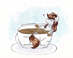 Size: 5554x4443 | Tagged: safe, artist:lightisanasshole, derpibooru import, oc, oc:dorm pony, pony, unicorn, abstract background, advertisement, bathing, brown mane, cheek fluff, coffee, coffee mug, colored hooves, cup, curved horn, eyes closed, female, heart, hoof fluff, horn, japanese, ko-fi, messy mane, mist, mug, neck fluff, plate, smiling, solo, solo female, text, tiny, tiny ponies, traditional art, watercolor painting