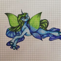 Size: 1080x1080 | Tagged: safe, artist:tessa_key_, derpibooru import, oc, oc only, pony, butterfly wings, colored hooves, eyelashes, female, graph paper, horn, lying down, mare, prone, smiling, solo, traditional art, wings