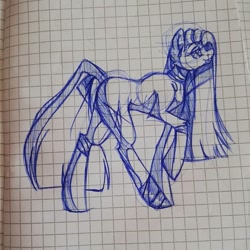 Size: 1080x1080 | Tagged: safe, artist:tessa_key_, derpibooru import, pinkie pie, earth pony, pony, bedroom eyes, eyelashes, female, graph paper, lineart, looking up, mare, pinkamena diane pie, raised hoof, raised leg, smiling, solo, traditional art