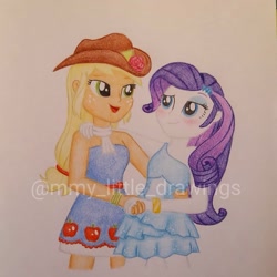 Size: 971x971 | Tagged: safe, artist:mmy_little_drawings, derpibooru import, apple bloom, applejack, rarity, equestria girls, equestria girls (movie), applebetes, bare shoulders, clothes, cute, dress, eyelashes, fall formal outfits, female, freckles, hat, jackabetes, lesbian, open mouth, raribetes, rarijack, shipping, sleeveless, smiling, strapless, sweet dreams fuel, traditional art, watermark