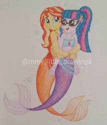 Size: 1079x1260 | Tagged: safe, artist:mmy_little_drawings, derpibooru import, sci-twi, sunset shimmer, twilight sparkle, mermaid, equestria girls, bare shoulders, bikini, bikini top, blushing, clothes, duo, eyelashes, female, glasses, grin, hug, lesbian, mermaidized, open mouth, scitwishimmer, shipping, sleeveless, smiling, species swap, sunsetsparkle, swimsuit, traditional art, watermark