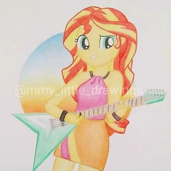 Size: 1080x1080 | Tagged: safe, artist:mmy_little_drawings, derpibooru import, sunset shimmer, equestria girls, rainbow rocks, bracelet, clothes, eyelashes, female, grin, guitar, jewelry, musical instrument, skirt, sleeveless, smiling, solo, traditional art, watermark