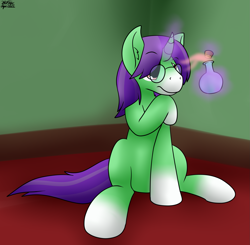 Size: 1911x1875 | Tagged: safe, artist:the-furry-railfan, derpibooru import, oc, oc only, oc:crescent star, unicorn, bottle, cork, curious, fumes, glasses, indoors, magic, potion, sitting, telekinesis