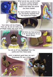 Size: 1430x2086 | Tagged: safe, artist:cactuscowboydan, derpibooru import, princess celestia, princess luna, oc, alicorn, pony, unicorn, armor, banishment, comic, fanfic, judgement, royal guard, royal guard armor, story included, throne room