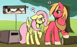 Size: 850x521 | Tagged: safe, artist:ende26, color edit, derpibooru import, edit, big macintosh, fluttershy, earth pony, human, pegasus, pony, blushing, cardboard box, colored, crossover, crossover shipping, female, fluttermac, heartbreak, hiding, implied gay, log, male, mare, metal gear, missing cutie mark, question mark, raised hoof, raised leg, shipping, solid snake, spying, stallion, straight, thought bubble