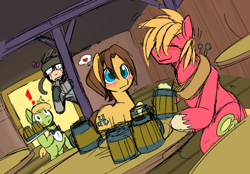 Size: 970x675 | Tagged: safe, artist:ende26, color edit, derpibooru import, edit, big macintosh, caramel, oc, earth pony, human, pony, alcohol, bar, blushing, caramac, cider, cider mug, colored, crossover, crossover shipping, drunk, exclamation point, eyes closed, gay, gritted teeth, heart, heartbreak, hiding, implied gay, male, metal gear, mug, shipping, solid snake, spying, stallion, waiter