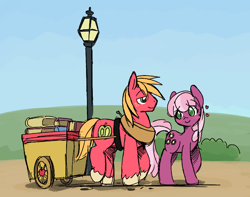 Size: 900x708 | Tagged: safe, alternate version, artist:ende26, color edit, derpibooru import, edit, big macintosh, cheerilee, earth pony, pony, book, cart, cheerimac, colored, female, floating heart, heart, lamppost, male, mare, shipping, stallion, straight