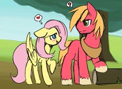 Size: 711x521 | Tagged: safe, alternate version, artist:ende26, color edit, derpibooru import, edit, big macintosh, fluttershy, earth pony, pegasus, pony, blushing, colored, cropped, female, fluttermac, log, male, mare, missing cutie mark, question mark, raised hoof, raised leg, shipping, stallion, straight, thought bubble