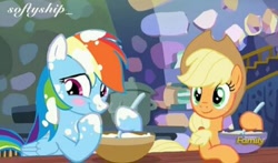 Size: 496x292 | Tagged: safe, derpibooru import, edit, edited screencap, screencap, applejack, rainbow dash, earth pony, pegasus, pony, every little thing she does, appledash, blushing, bowl, character swap, discovery family logo, fake screencap, female, flour, lesbian, manip, messy, mixing bowl, shipping