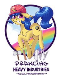 Size: 1976x2520 | Tagged: safe, artist:dsp2003, oc, oc only, unicorn, commission, compass, grin, hard hat, logo, looking at you, male, mallet, pure unfiltered evil, rainbow, ruler, saw, simple background, smiling, transparent background