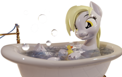 Size: 3840x2410 | Tagged: safe, artist:xppp1n, derpy hooves, pegasus, pony, 3d, bathing, bathtub, blender, blender cycles, bubble, female, happy, mare, rubber duck, simple background, smiling, solo, transparent background, water, wet mane