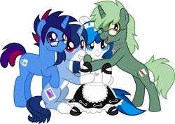 Size: 4942x3500 | Tagged: safe, artist:limedazzle, oc, oc only, oc:crystal glaze, oc:feathertrap, oc:marquis majordome, oc:soft mane, pony, unicorn, ponybooru collab 2021, commission, cross, crossdressing, glasses, group hug, happy, hugging, jewelry, maid, male, males only, stallion, stallions only
