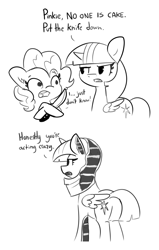 Size: 2048x3228 | Tagged: safe, artist:tjpones, derpibooru import, pinkie pie, twilight sparkle, twilight sparkle (alicorn), alicorn, cake pony, food pony, original species, pony, blatant lies, butt, cake, everything is cake, female, food, high res, knife, mare, plot