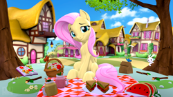 Size: 3840x2160 | Tagged: safe, artist:owlpirate, derpibooru import, angel bunny, fluttershy, butterfly, pegasus, pony, 3d, book, cloud, cute, female, flower, food, fruit, high res, looking at you, male, mare, picnic, plate, ponyville, sandwich, shyabetes, sitting, sky, source filmmaker, tree, watermelon