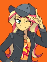 Size: 1620x2160 | Tagged: safe, artist:haibaratomoe, derpibooru import, sunset shimmer, better together, display of affection, equestria girls, clothes, cutie mark, cutie mark on clothes, flanksy, geode of empathy, hat, jacket, jewelry, leather, leather jacket, magical geodes, necklace, one eye closed, wink