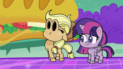 Size: 1920x1080 | Tagged: safe, derpibooru import, screencap, applejack, twilight sparkle, twilight sparkle (alicorn), alicorn, earth pony, pony, my little pony: pony life, the comet section, spoiler:pony life s02e03, applejack's hat, clothes, cowboy hat, duo, duo female, eyes closed, female, food, giant food, hat, mare, nostrils, sniffing, sub sandwich