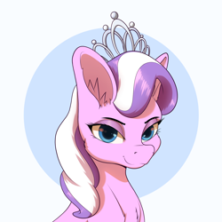 Size: 2000x2000 | Tagged: safe, artist:aquaticvibes, derpibooru import, diamond tiara, earth pony, pony, chest fluff, crown, ear fluff, ears, female, filly, high res, jewelry, looking at you, regalia, solo