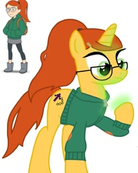 Size: 1080x1350 | Tagged: safe, artist:ponyrefaa, derpibooru import, human, pony, unicorn, 2021, boots, clothes, crossover, duo, female, glasses, glowing hooves, horn, infinity train, mare, ponified, shoes, simple background, tulip (infinity train), tulip olsen, white background