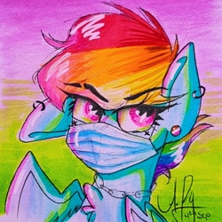 Size: 728x728 | Tagged: safe, artist:galaxy.in.mind, derpibooru import, rainbow dash, pegasus, pony, bust, ear piercing, earring, eyelashes, face mask, female, jewelry, mare, mask, piercing, pride flag, signature, solo, traditional art, wings