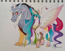 Size: 1080x844 | Tagged: safe, artist:galaxy.in.mind, derpibooru import, discord, princess celestia, alicorn, draconequus, pony, colored hooves, curved horn, duo, female, horn, male, mare, peytral, signature, smiling, traditional art, wings