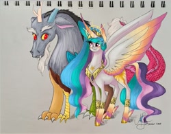 Size: 1079x843 | Tagged: safe, alternate version, artist:galaxy.in.mind, derpibooru import, discord, princess celestia, alicorn, draconequus, pony, colored hooves, curved horn, duo, female, horn, male, mare, peytral, signature, smiling, traditional art, wings