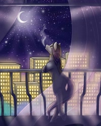 Size: 1080x1351 | Tagged: safe, artist:pony_riart, derpibooru import, oc, oc only, earth pony, pony, balcony, building, crescent moon, earth pony oc, female, looking up, mare, moon, night, outdoors, smoking, solo, transparent moon