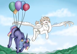 Size: 1080x764 | Tagged: safe, artist:pony_riart, derpibooru import, pinkie pie, oc, oc only, pegasus, pony, unicorn, balloon, cloud, duo, eyes closed, female, floating, flying, horn, mare, outdoors, pegasus oc, spread wings, then watch her balloons lift her up to the sky, unicorn oc, wings