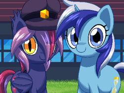 Size: 800x600 | Tagged: safe, artist:rangelost, derpibooru import, minuette, oc, oc:moonflower, bat pony, pony, unicorn, bat pony oc, cap, cyoa:d20 pony, duo, female, grass, hat, looking at you, mare, outdoors