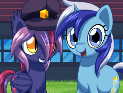 Size: 800x600 | Tagged: safe, artist:rangelost, derpibooru import, minuette, oc, oc:moonflower, bat pony, pony, bat pony oc, cap, cyoa:d20 pony, duo, female, grass, hat, looking at you, mare, outdoors, smiling, talking to viewer