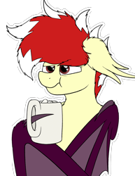 Size: 2170x2816 | Tagged: safe, artist:aaathebap, derpibooru import, oc, oc:aaaaaaaaaaa, annoyed, chocolate, cup, food, high res, hot chocolate, messy, messy mane, morning, solo, sticker, wing hold, wings