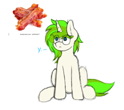 Size: 2167x1918 | Tagged: safe, artist:aaathebap, derpibooru import, oc, oc:vinyl mix, pony, unicorn, bacon, confused, food, funny, high res, lost, meat, sitting, why