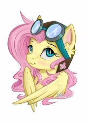 Size: 2066x2893 | Tagged: safe, artist:lailyren, derpibooru import, fluttershy, pegasus, pony, aviator goggles, aviator hat, blushing, bust, cute, ear fluff, ears, female, goggles, hat, mare, shyabetes, simple background, solo, wavy mouth, white background