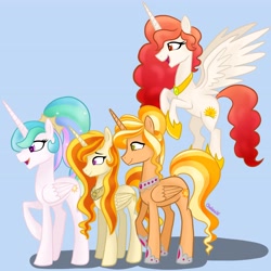 Size: 4096x4096 | Tagged: safe, artist:chelseawest, derpibooru import, princess celestia, oc, oc:sol, oc:solstice, oc:sunny glow, alicorn, descendant, female, flying, granddaughter, grandmother and grandchild, grandmother and granddaughter, great grandchild, great granddaughter, great grandmother, momlestia, mother and child, mother and daughter, offspring, offspring's offspring, parent and child, parent:oc:golden spear, parent:oc:lucky blaze, parent:oc:sol, parent:oc:solar eclipse, parent:oc:sunny glow, parent:princess celestia, parents:canon x oc, parents:oc x oc, royalty