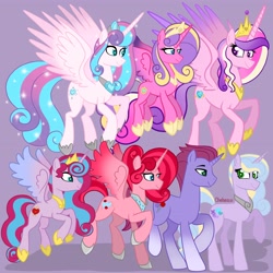 Size: 4096x4096 | Tagged: safe, artist:chelseawest, derpibooru import, princess cadance, princess flurry heart, princess skyla, oc, oc:globe thistle, oc:lilac hearts, oc:mi amore rose heart, oc:mi amore ruby heart, alicorn, unicorn, adult, alicorn oc, aunt and nephew, aunt and niece, descendant, father and child, father and daughter, female, grandmother and grandchild, grandmother and granddaughter, grandmother and grandson, great granddaughter, great grandmother, horn, male, mama cadence, mama flurry, mama skyla, mother and child, mother and daughter, offspring, offspring's offspring, older, older flurry heart, parent and child, parent:oc:glimmering shield, parent:oc:globe thistle, parent:oc:mi amore rose heart, parent:oc:silk tie, parent:oc:sweet chamomile, parent:oc:tempered beauty, parent:princess flurry heart, parent:princess skyla, parents:canon x oc, royalty, siblings, sisters, wings