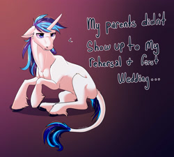 Size: 3500x3150 | Tagged: safe, artist:unfinishedheckery, derpibooru import, shining armor, classical unicorn, pony, unicorn, dialogue, digital art, ears, floppy ears, high res, horn, leonine tail, male, missing cutie mark, simple background, sitting, solo, stallion, text, unshorn fetlocks