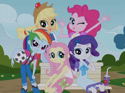 Size: 2342x1740 | Tagged: safe, derpibooru import, edit, edited screencap, editor:damaged, screencap, applejack, fluttershy, pinkie pie, rainbow dash, rarity, equestria girls, equestria girls (movie), alternate hairstyle, apple, applejack's hat, ball, clothes, cowboy hat, cropped, female, food, freckles, hat, humane five, one eye closed, open mouth, park bench, soccer ball (object), tongue, tongue out, wink, younger