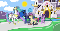 Size: 2226x1156 | Tagged: safe, artist:ltcolonelwhipper, artist:wolvinof, derpibooru import, donut joe, princess celestia, princess luna, twilight sparkle, twilight sparkle (alicorn), alicorn, inflatable pony, unicorn, air nozzle, balloon, balloon pony, canterlot, clothes, happy, human to pony, inflatable, inflatable scenery, magic, pool toy, request, ripping clothes, rubber, transformation, transformed, welcome