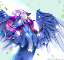 Size: 1280x1200 | Tagged: safe, artist:xkittyblue, derpibooru import, oc, pegasus, pony, beautiful, blue pony, commission, feather, female, flower, flower in hair, flying, headphones, leaf, looking at you, purple eyes, purple mane, sky, solo, spread wings, sunlight, wings, ych result