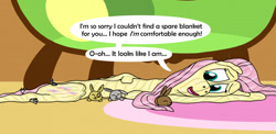 Size: 1280x624 | Tagged: safe, artist:wolvinof, derpibooru import, discord, fluttershy, draconequus, inflatable pony, pegasus, rabbit, series:deflation is magic, air nozzle, animal, apology, cuddling, deflated, deflation, element of kindness, fluttershy's cottage, generosity, happy, hiding, improvisation, inflatable, kindness, makeshift, micro, pool toy, rug, sofa, substitute